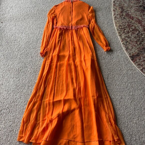 Vintage 1970s Orange Boho Prairie Dress Lace Keyhole Neck – Size S - Picture 10 of 16